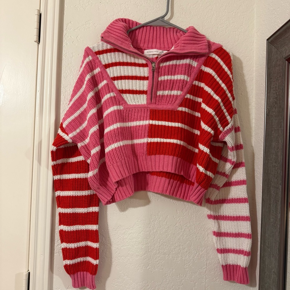 super cute pink/red/white striped quarter zip sweater